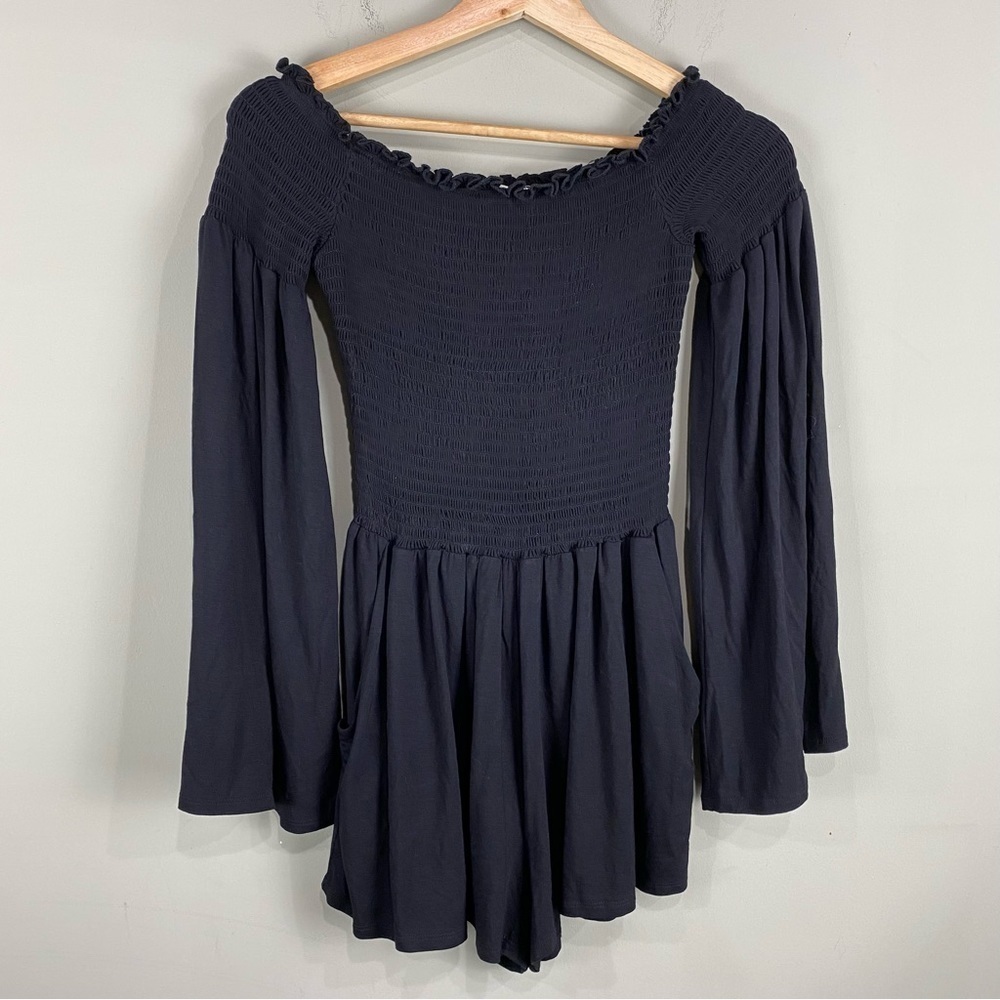 Bear Dance: BOHO Flowy Smocked Long Sleeve Off The‎ Shoulder Romper Black Small